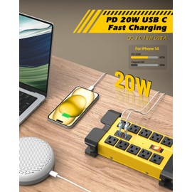 Kungfuking Heavy Duty Power Strip Surge Protector 15A/1875W, PD 20W USB, 13 in 1 Industrial, Garage Shop Metal Power Strip 6FT Wrapped Around Extension Cord, Wall Mount, Circuit Breaker, ETL Listed