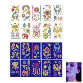JEYORZY 10 Blätter Leucht Tattoos Unter Neon UV Schwarzlicht, Temporäre Tattoos, Tattoos Erwachsene Teenager Kinder, Leuchtende Party Deko, Wasserfeste Klebetattoos, Party Gadgets