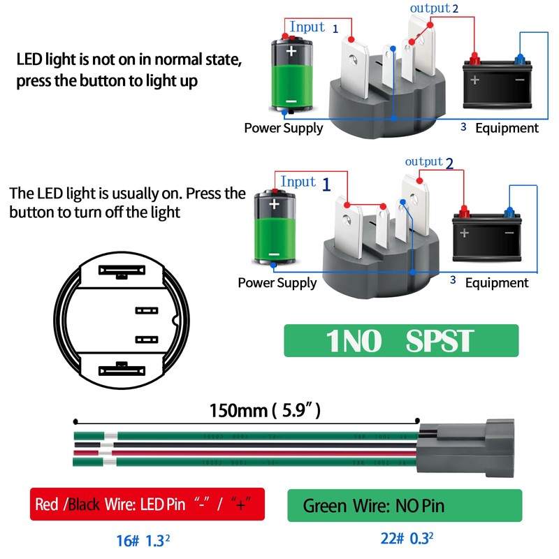 15Amp 16mm Latching Push Button Switch IP67 Waterproof, SPST 1NO,
