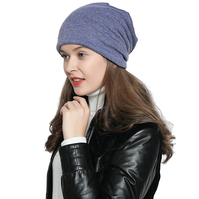 DonDon Women's Slouch Beanie Winter Hat Silver Sequin Rivets, Blue