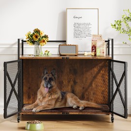 GarveeLife 31 Inch Dog Crate Furniture, Heavy Duty Decorative Dog Cage with Lockable 360° Wheels, Double Door Dog Kennel End Table for for Small Medium Large Dog, Rustic Brown