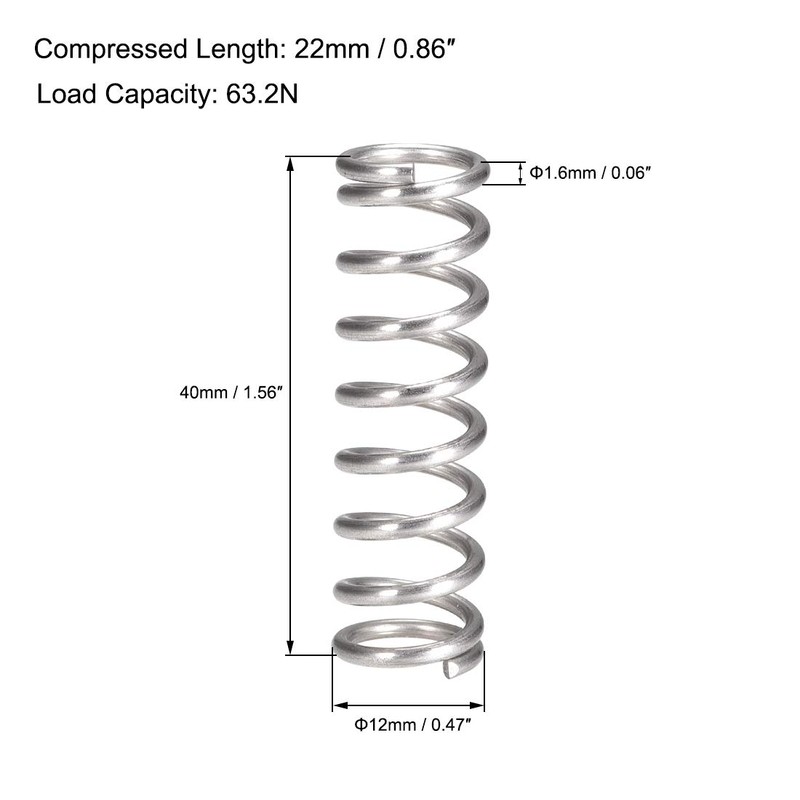 sourcing map Compression Spring,304 Stainless Steel,12mm OD,1.6mm Wire Size,22mm Compressed