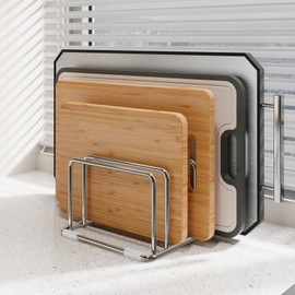 coneyaro 304 Stainless Steel Cutting Board Organizer Rack – Rustproof Compact 4-Slot Holder for Thin Cutting Boards and Plates – Premium Kitchen Storage Solution for Countertops and Cabinets