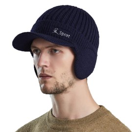 YAMEE Men's Winter Hat Knitted Cap Winter Cap Women's Knitted Hat Beanie with Peaked Cap Peaked Cap with Ear Flaps Men's Ear Protection, 9125/Dark Blue