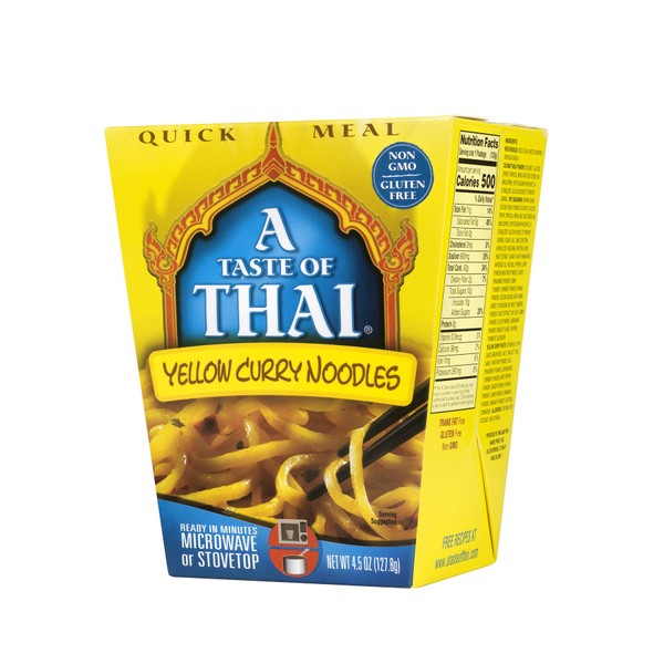 A Taste of Thai Yellow Curry Noodles - 4.5oz Pack of 6 Heat & Eat Instant Noodles Flavored with Classic Thai Sauce | Gluten-Free | Ideal Vegan Meal | Perfect Side for Chicken Fish & Meat Entrees