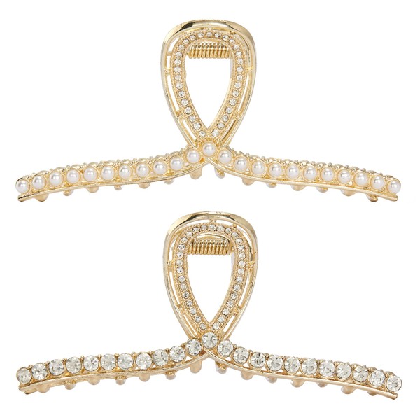 Metal Hair Claw Clips for Women, 4.4 Inch Large Hair Claw Clips Rhinestone Non-Slip Strong Hair Clips Artificial Pearls Hair Jaw Clips Headwear Gifts for Women Thin Thick Hair (2 Pack)