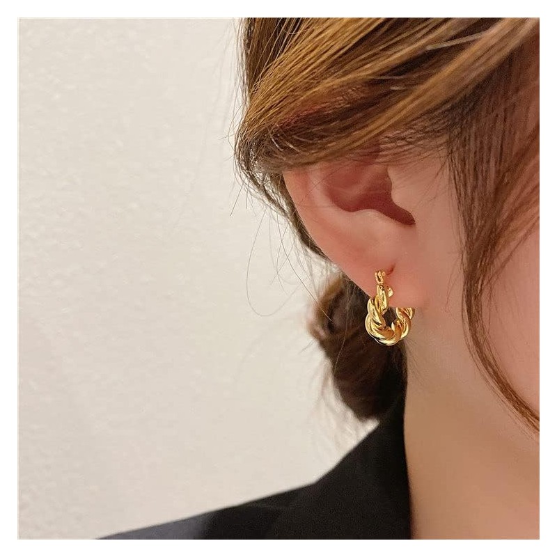 Gold Hoop Earrings for Women，14K Gold Plated lightweight hypoallergenic Twist