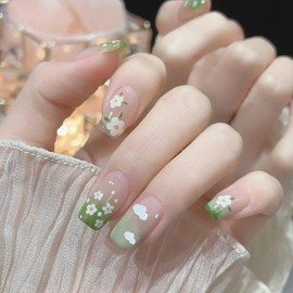 Press on Nail Short Coffin Natural, Square Shape Full Cover Reusable False Nails with Glue, Artificial Acrylic Fake Nails for Women, Glue On Nails with White Floral Designs, Stick on Nails with Charm