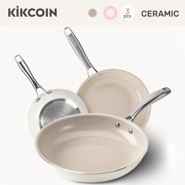 Kikcoin 【Ceramic】Kikcoin 3Pcs Nonstick Durable Cooking Pan Set with Stainless Steel Handle,Cookware Cooking Pots Sets,Home Dining Room Picnic,Kitchen Supplie - Color: khaki
