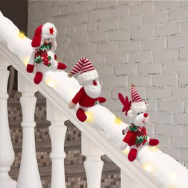 HFYZZ Set of 3 Christmas Stair Decoration Set Stuffed Santa Snowman Reindeer Snow Surfing Banister Decor with 6.6 Feet Snow Blanket and Light Strip for Holiday Handrail Banister Stairway Decoration