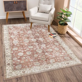 Bloom Rugs Washable Non-Slip 4' x 6' Rug - Orange/Beige Traditional Bordered Area Rug for Living Room, Bedroom, Dining Room, and Kitchen - Exact Size: 4' x 6'