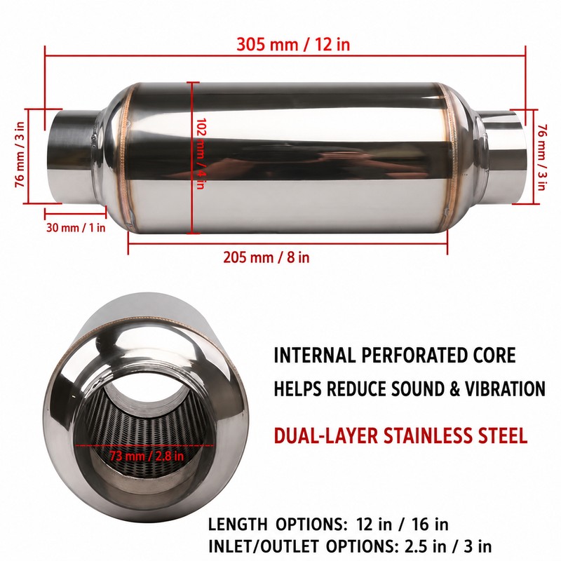 2.5 Inch Stainless Steel Exhaust Resonator 12 Inch Straight-Through Muffler