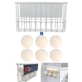 Magnetic Dryer Ball Holder Plus 6 XL Wool Dryer Balls from New Zealand Wool- Laundry Dryer Balls Storage Containers: Easy Install Without Tools, Magnetic Basket for Dryer Balls