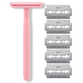 Eco Double Edge Metal Alloy Safety Razor for Women + 5 Double Edge Safety Razor Blade Refills, Reusable Razor for Shaving (Pink)