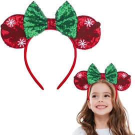 Sokfone Christmas Bow Headband Mouse Ears Hair Hoop Elk Headband with Sparkly Sequin Designs Xmas Party Cosplay Hair Accessories Red & Green for Women Girls