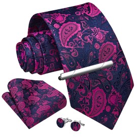 Enlision Hot Pink Ties for Mens Paisley Tie and Pocket Square Set Cufflinks Ties
