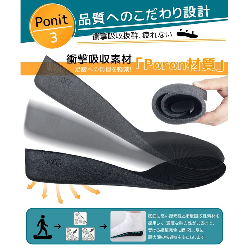 シークレット インソール 身長アップ 選べる高さ3サイズ【1.7cm/2.3cm/3.6cm】中敷き 衝撃吸収 PORON アーチサポート 滑り止め 抗菌・防臭 通気性スニーカー