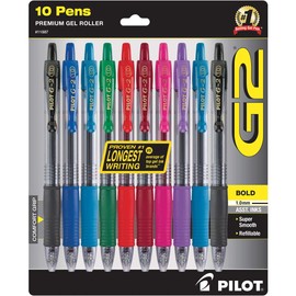 Pilot G2 Premium Retractable Gel-Ink Rolling Ball Pens, Bold Point (1.0mm), Assorted, 10/Pk (11887)