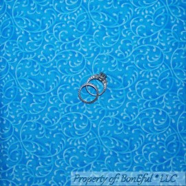 Signature BonEful FABRIC FQ Cotton Quilt Turquoise Blue White Flower Scroll Swirl Calico S