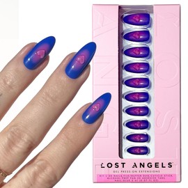 Lost Angels 3D Press On Nails - Heart Charm Blue & Pink 3D Gel Art - Thank You, Next - Cute Press On Nails Almond Medium Length - Easy Kit with Adhesive Tab or Glue - 30 Count, 15 Sizes