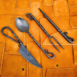 Hand Forged Medieval Cutlery Set- 4 Pcs Viking Utensils Set Fork Spoon And Knife Set- Medieval Silverware Set with Leather Cover- Viking Camping Utensils, Medieval Decor, Gifts (Black)