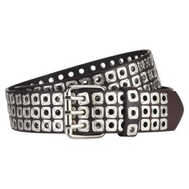 JAMAKALA 3 Row Studded Grommet Belt, Punk Rock PU Leather Belt for Men Women, Silver Goth Rivet Belt, Gothic Belt Accessories for Jeans Pants (Brown Leather - Silver Rivets, Fit Waist Size 25-39.4")