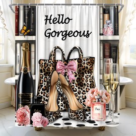 Leopard High Heel Shower Curtain Hello Gorgeous Fashion Girls Perfume Pink Rose Floral Bow Romantic Women Fabric Bathroom Decor Bath Curtain with Hooks