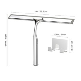 Shower Squeegee for Glass Doors, Stainless Steel Shower Squeegee for Bathroom, Window and Tiles, All-Purpose Shower Squeegee with Adhesive Hook-10”, Chrome