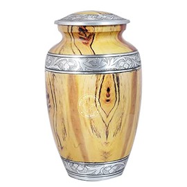 Hind Handicrafts Floral Silver Engraved Cremation Urn for Human Ashes Adult - Handcrafted Funeral Memorial Ashes Urn - Large Columbarium Urn - Bag Included (Yellow Wood)