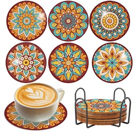 SHEGZHUC 6 Pcs Diamond Painting Coasters Mandala with Holder Diamond Art Mandala Coasters Diamond Painting Mandalas for Adults Cross Stitch Crystal Art Paint by Number for Tea Coffee Cup Home Decor