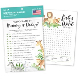 20 juegos de safari para baby shower de género neutro, divertidos juegos de baby shower para chica, divertidos juegos de baby shower para chico, adivina quién mamá o papá, juegos de bebé para baby