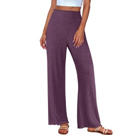 ANRABESS Womens Pajama Pants Casual Wide Leg Elastic Waist Ribbed Knit Loose PJ Bottoms 2025 Fall Comfy Lounge Sleepwear﻿ Dark Purple Medium