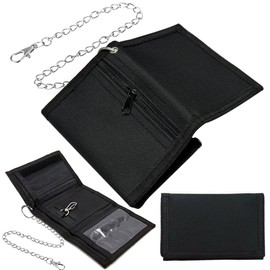 Lowats Slim Black Wallet Zip Foldable Triple Wallet with Chains Clip Zip Men's Triple Wallet with Chain Clip Zip Slim Wallet Foldable, black, Minimalist