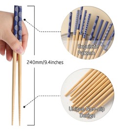 Sbirdbao 5 Pairs Natural Bamboo chopsticks Reusable Dishwasher Safe, Japanese Style Chop Sticks, 9.4 Inch/24cm Gift Set