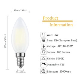Lamsky E14 LED Bulb European Base 4W LED Chandelier Light Bulbs Dimmable 40W Equivalent,110V 5000K Daylight White,Frosted Glass Decorative Bulb,6 Pack