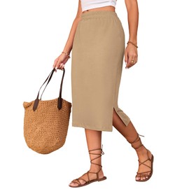 Naggoo Midi Skirts for Women Summer Elastic High Waisted Side Slit Long Skirt Khaki L