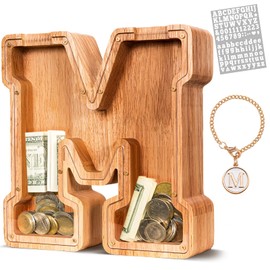 KMC Wooden Piggy Bank, Piggy Bank for Kids, Unbreakable Wooden Letter Piggy Bank, Wood Letter Money Saving Box, Gift for Kids (M)