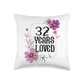 32 Years Old Wedding Anniversary Gift 32 Years Loved Husband Wife Floral 32nd Anniversary Throw Pillow, 16x16, Multicolor
