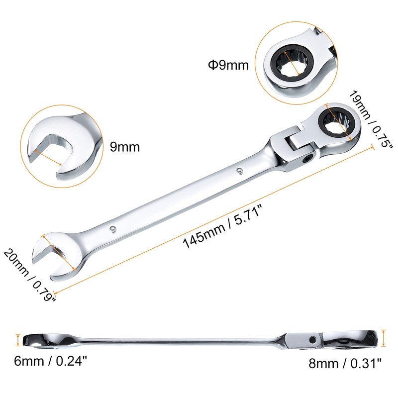 sourcing map Flex-Head Ratcheting Wrench 9mm 180° Rotating Head Metric
