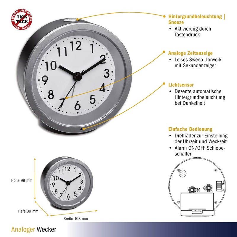 TFA Dostmann Analogue Alarm Clock 60.1034.01 with Sweep Movement Night