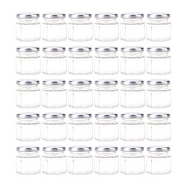 Tebery 30 Pack 1.5oz Mini Hexagon Glass Jars with White Lids and Labels, Honey Jars Small Spice Jars Mason Jars for Spices, Gifts, Wedding Party Favors, DIY and More (Silver Lids)