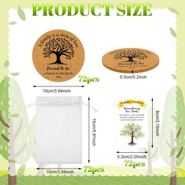 Furbeko 72 Set Family Reunion Favors Bulk Include Cork Coasters Tree of Life Cards Organza Bags Absorbent Cork Mat A Family is A Circle of Love Gifts for Gathering Party Decorations