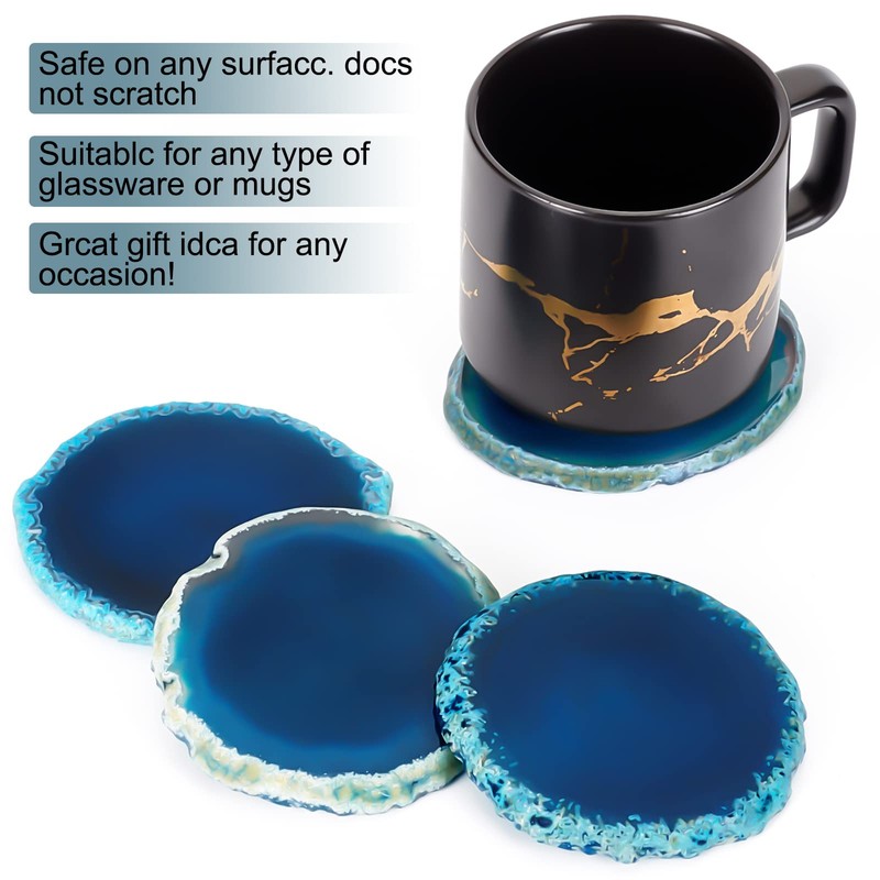 BENECREAT 4Pcs Small Blue Agate Coasters, 6-7.5cm Round Dyed Sliced