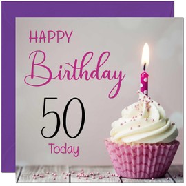 50th Birthday Card for Women Men Pink Grey Cupcake Birthday Card for 50 Year old Woman Ladies Friend Sister Mum Auntie Daughter fifty, fiftieth Niece cousin