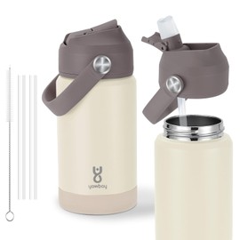 Botella de agua aislada para niños con tapa de popote y mango de silicona, botella de agua a prueba de fugas para niños y niñas, de doble pared de acero inoxidable al aspiradora con base de silicona