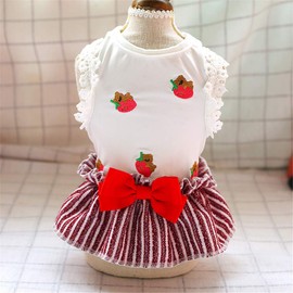 LAMZIK Pet Clothes, Dress For Small & Medium Dogs, For Cats, Spring, Summer, Autumn, Cute, Bowtie, Strawberries, Striped, Breathable, Sleeveless, Cotton, Prevents Fur Shedding