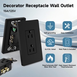 ThunderWay Matte Black Decorator Receptacle Outlet with Wall Plate, 15 Amp Standard Electrical Wall Outlet, Non-Tamper Resistant, 15Amp/125V, Self-Grounding, Wall Plate Included, UL Listed, 20 Pack