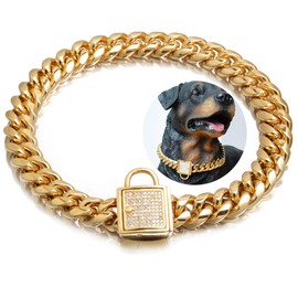 Tiasri Gold Cuban Chain Dog Collar Solid Stainless Steel Link Chain Thick Pet Collar Cool Zirconia Lock Small Medium Large Dogs Collar