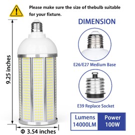 100W LED Corn Bulb, E26/E39 Mogul Base Lamp, 14000LM,5000K Daylight,AC85-265V, Replacement 400-500 Watt Metal Halide HID HPS CFL for Warehouse Parking Lot High Bay Light Fixture Garage Workshop
