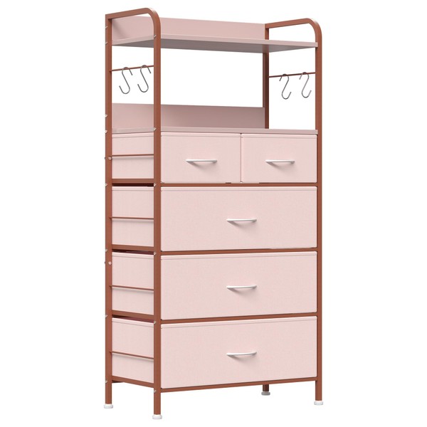 Jojoka Dresser for Bedroom with 5 Drawers, Dressers & Chests of Drawers for Hallway, Entryway, Storage Organizer Unit with Fabric, Sturdy Metal Frame, Wood Tabletop, Easy Pull Handle